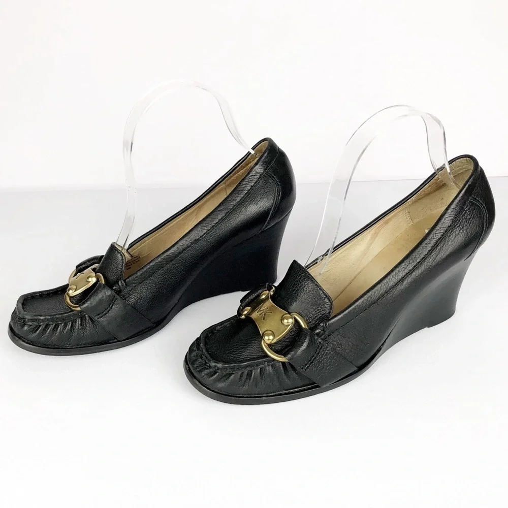 Michael Kors Leather Wooden Stacked Wedge Loafers With Gold Timed Logo Plate 8.5